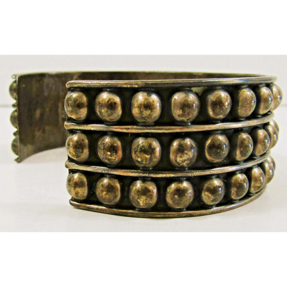Vintage Taxco Sterling Silver Studded Three Row Bead Bracelet - Picture 5 of 8